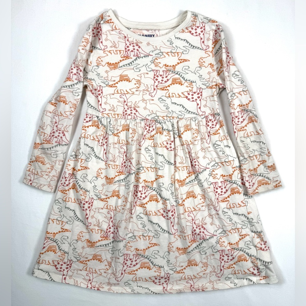 OLD NAVY Girls Long Sleeve Dino Print Dress‎ 5T Playful Twirl Knit Cute Everyday